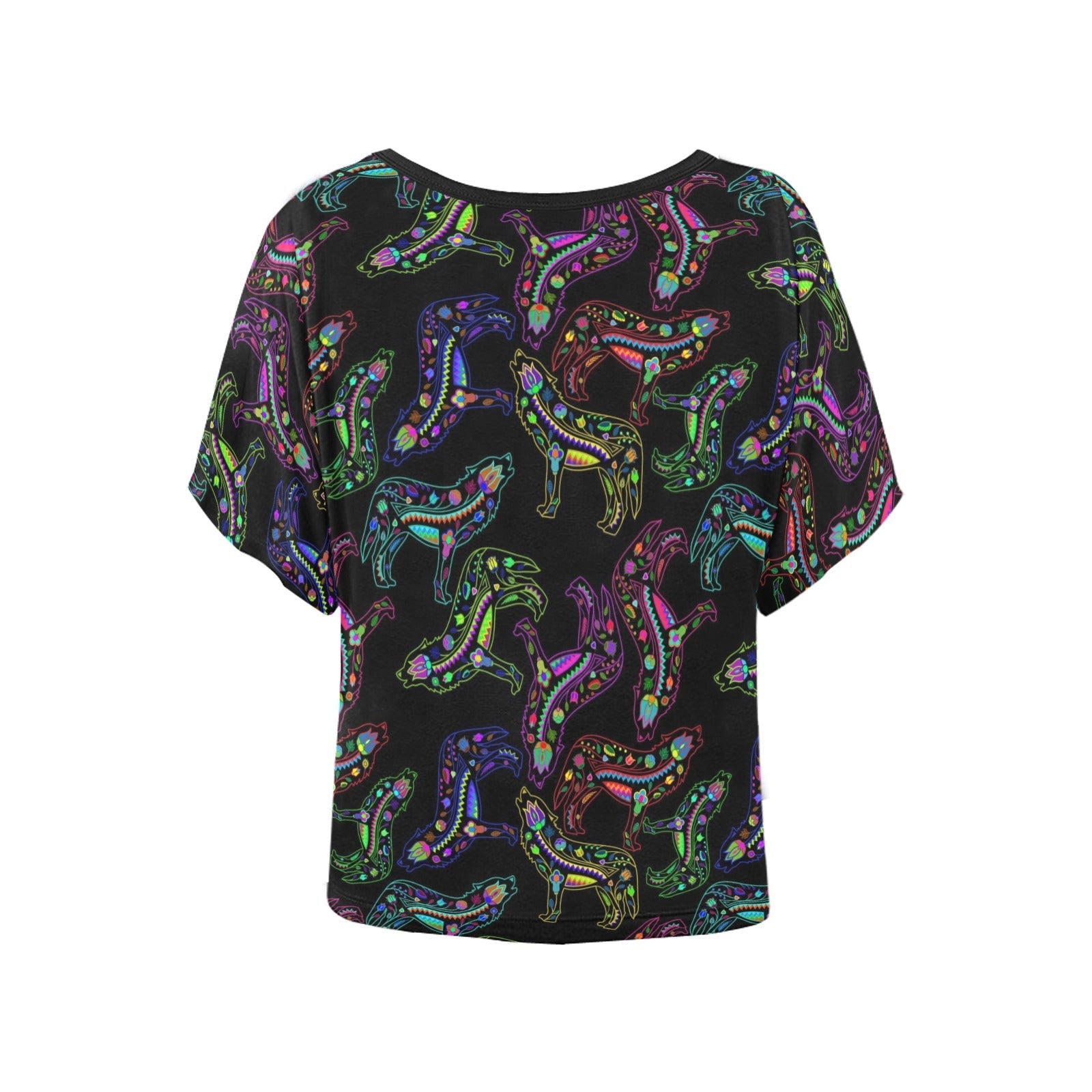 Neon Floral Wolves Women's Batwing-Sleeved Blouse T shirt (Model T44) Women's Batwing-Sleeved Blouse T shirt (T44) e-joyer 