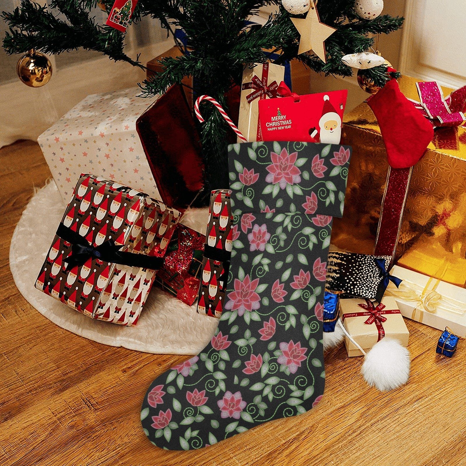 Red Beaded Rose Christmas Stocking holiday stocking e-joyer 