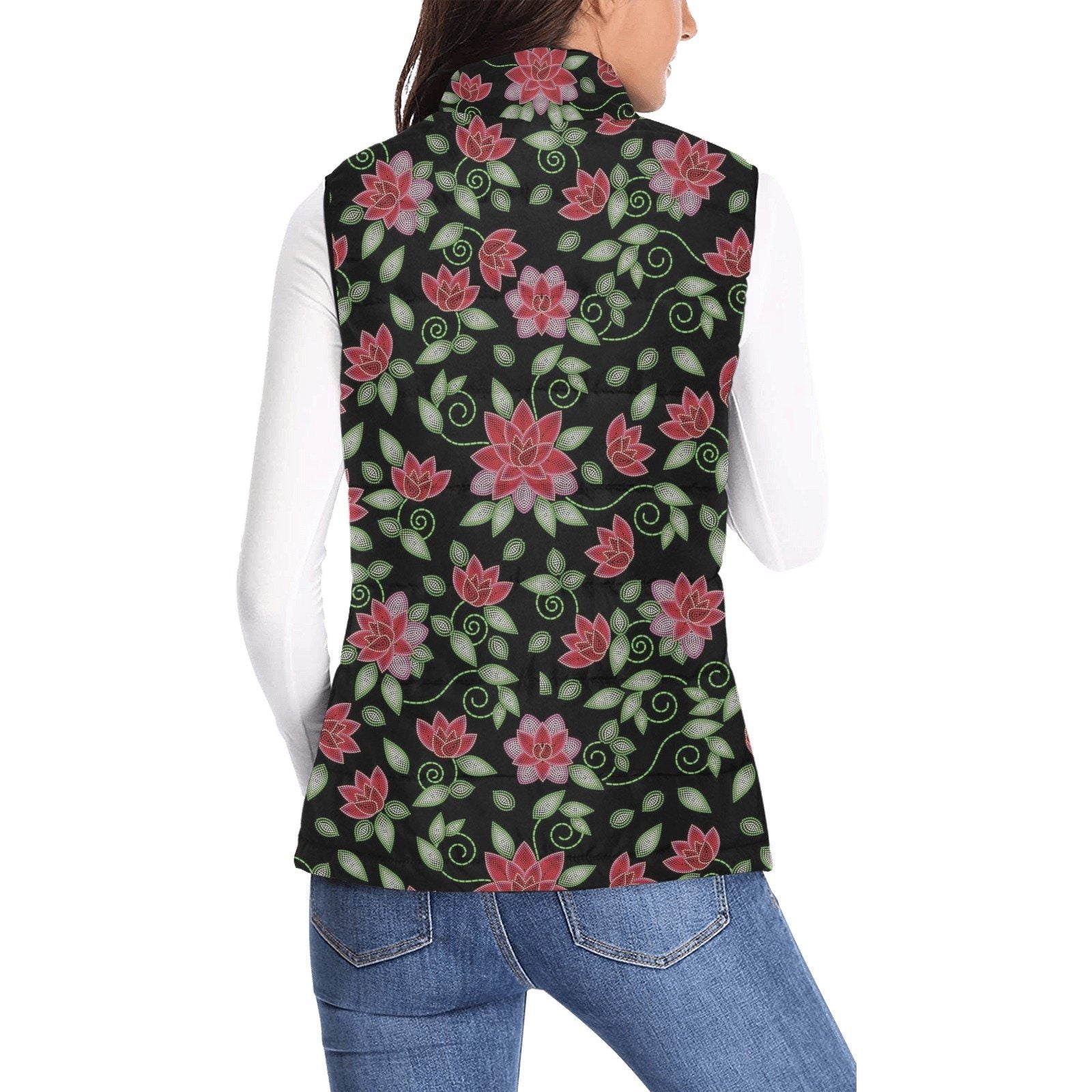 Red Beaded Rose Women's Padded Vest Jacket (Model H44) Women's Padded Vest Jacket (H44) e-joyer 