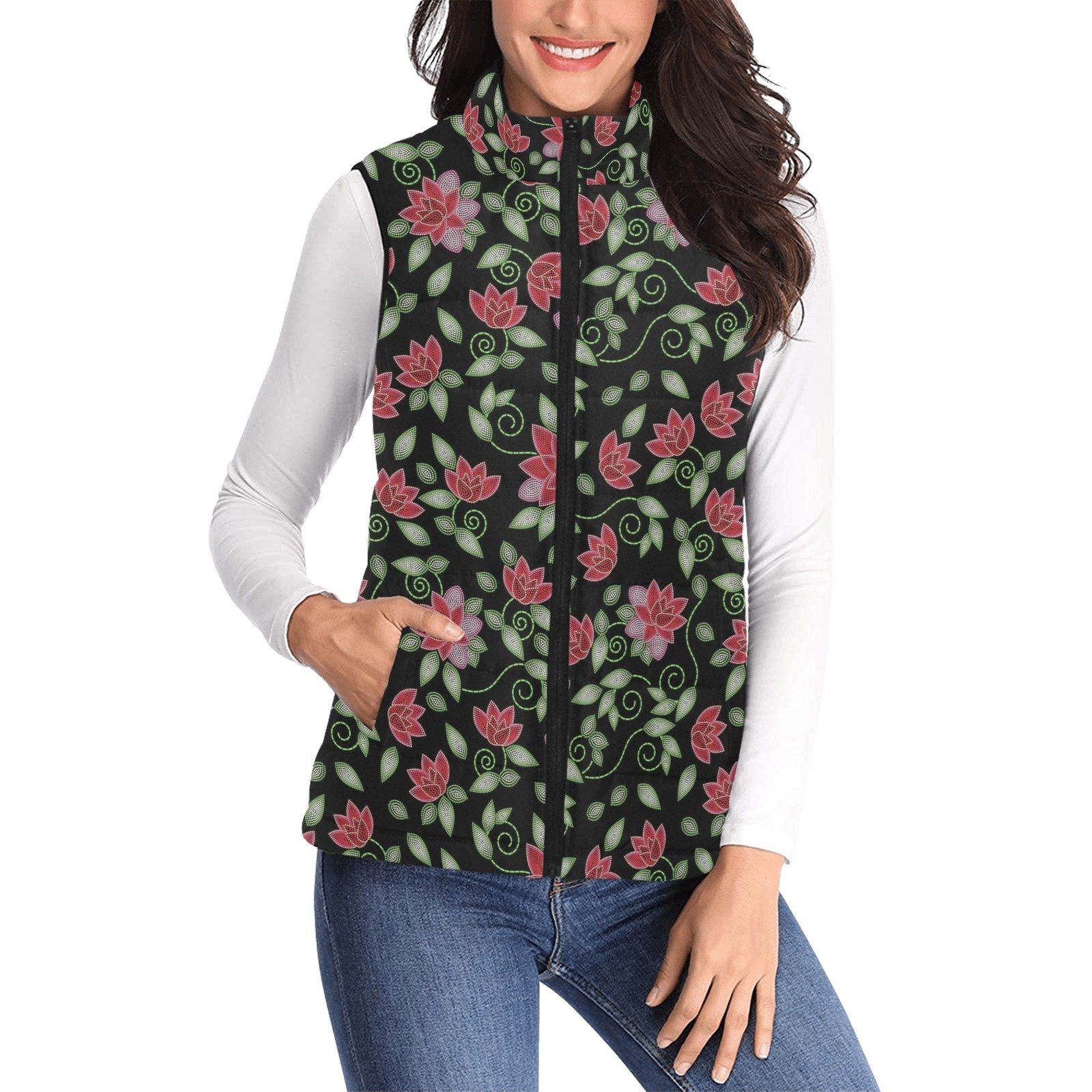 Red Beaded Rose Women's Padded Vest Jacket (Model H44) Women's Padded Vest Jacket (H44) e-joyer 