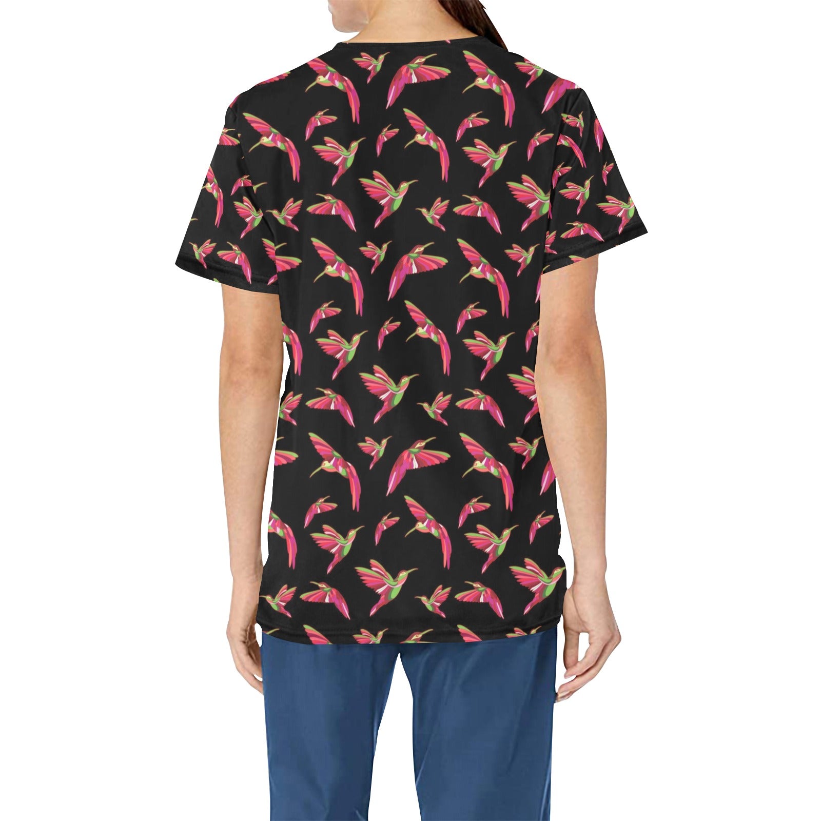 Red Swift Colourful Black All Over Print Scrub Top Scrub Top e-joyer 