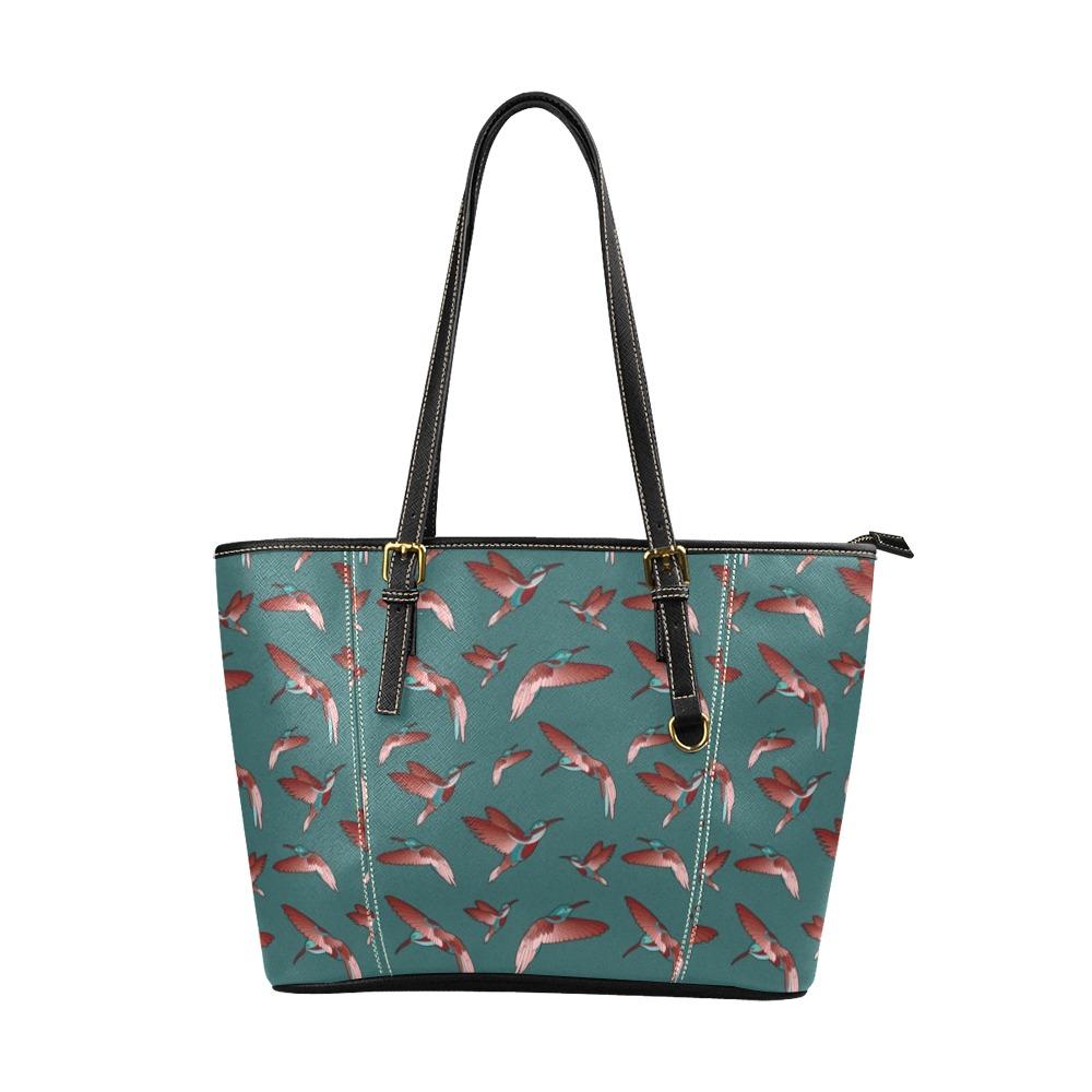 Red Swift Turquoise Leather Tote Bag/Large (Model 1640) Leather Tote Bag (1640) e-joyer 
