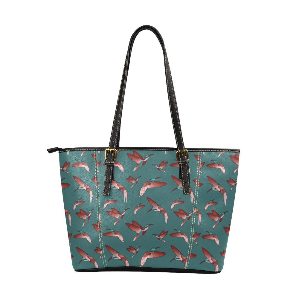 Red Swift Turquoise Leather Tote Bag/Large (Model 1640) Leather Tote Bag (1640) e-joyer 