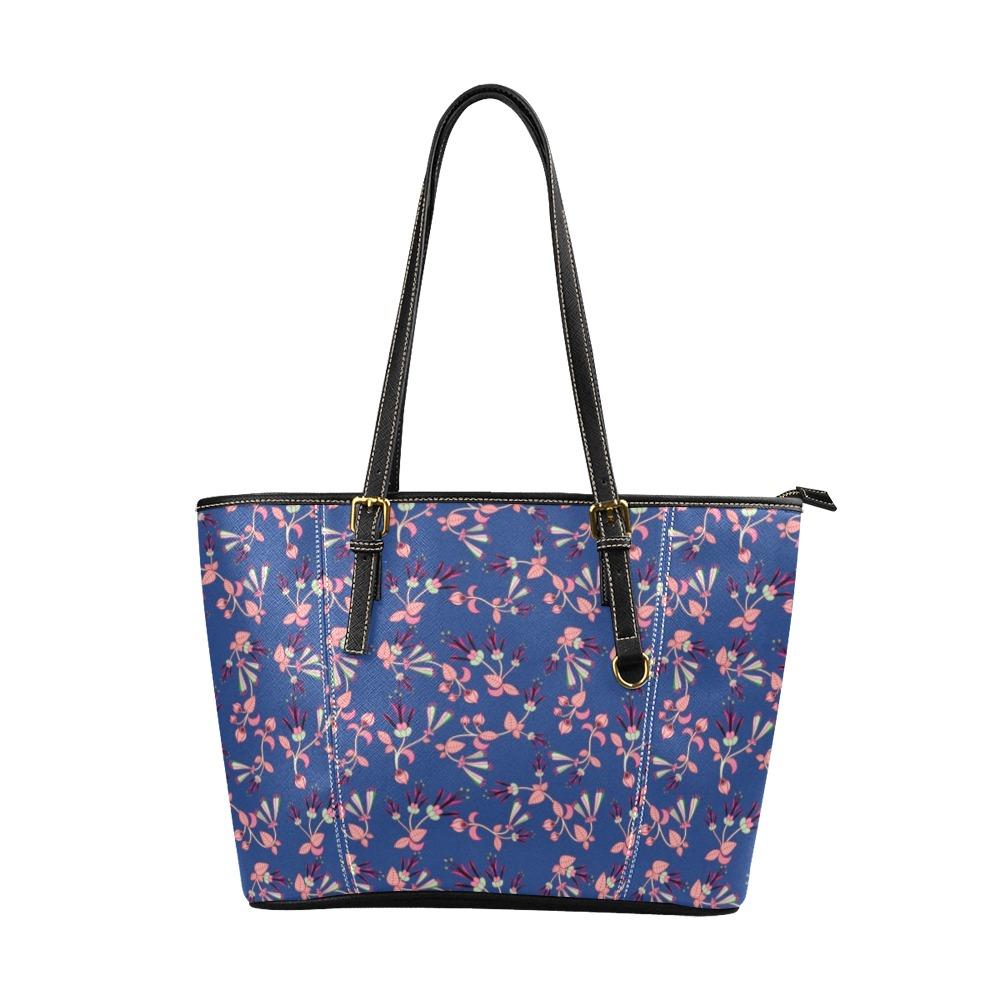 Swift Floral Peach Blue Leather Tote Bag/Large (Model 1640) Leather Tote Bag (1640) e-joyer 