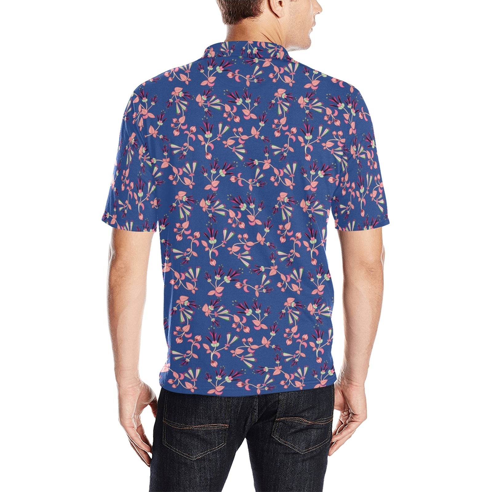 Swift Floral Peach Blue Men's All Over Print Polo Shirt (Model T55) Men's Polo Shirt (Model T55) e-joyer 