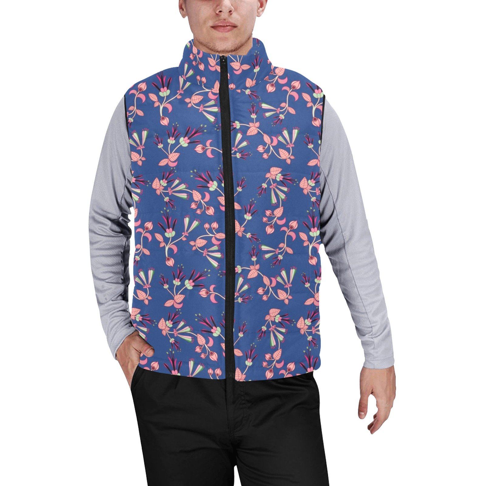 Swift Floral Peach Blue Men's Padded Vest Jacket (Model H44) Men's Padded Vest Jacket (H44) e-joyer 