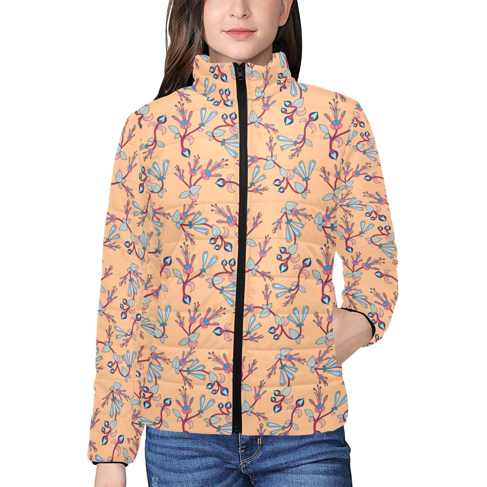 Swift Floral Peache Women's Stand Collar Padded Jacket (Model H41) jacket e-joyer 